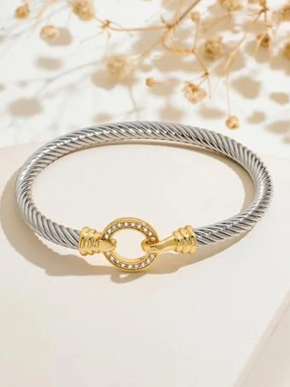 Two Tone Twisted Cable Cuff Bracelet Gold Silver Bangle for Women